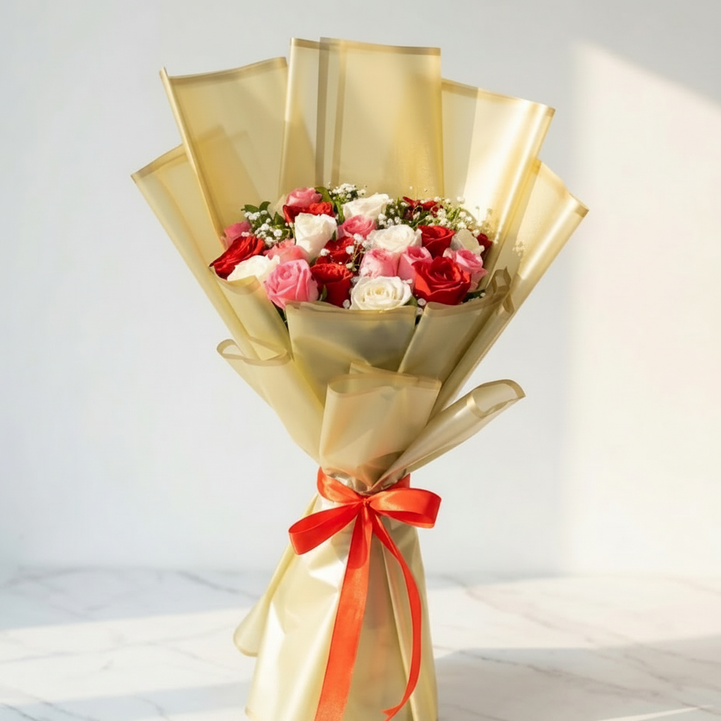 Red White Pink Roses Bouquet with Baby’s Breath