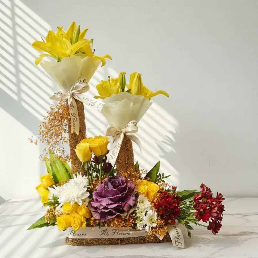 Yellow Lilies & Roses Bouquet with Chrysanthemums - atfleurs