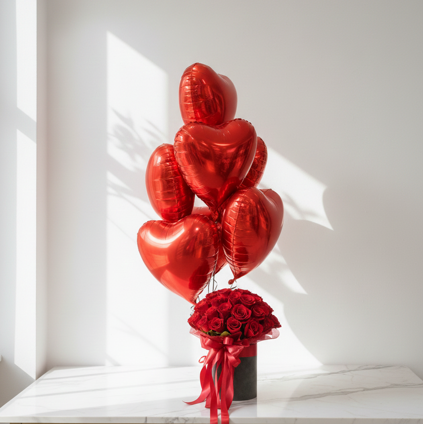 Red heart-shaped balloons and a bouquet of red roses on a white surface with a window in the background. fancy bouquet