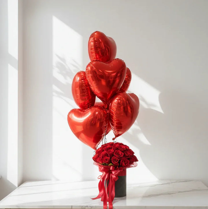 Fancy Red Heart Balloons with 50 Rose Box | Love Celebration Set - atfleurs