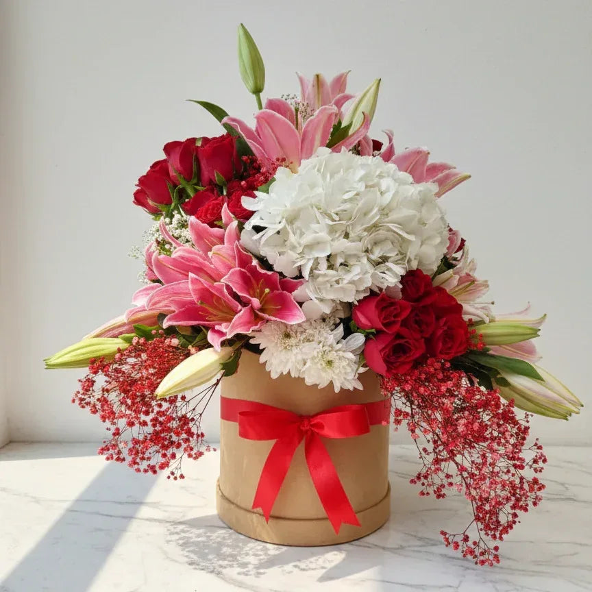Pink Lily Bouquet with Red Roses - atfleurs