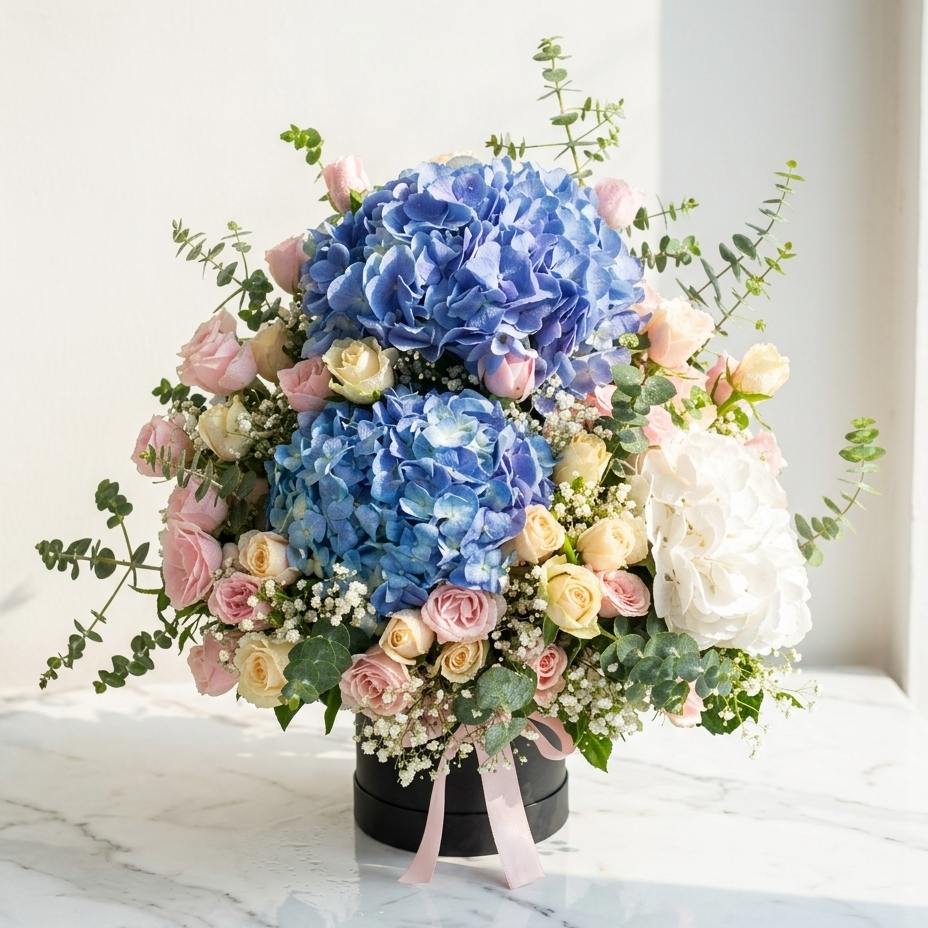 Blue Hydrangea Bouquet with Spray Roses