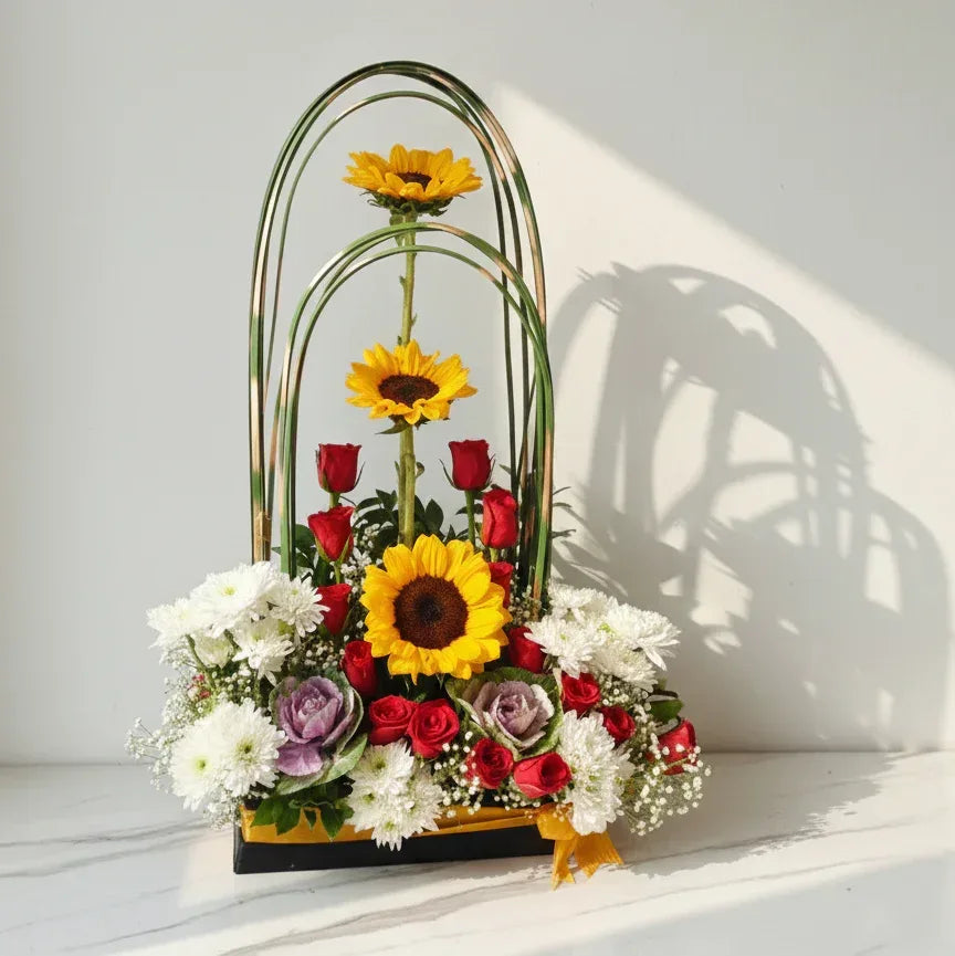 Sunflower Bouquet with Red Roses - atfleurs