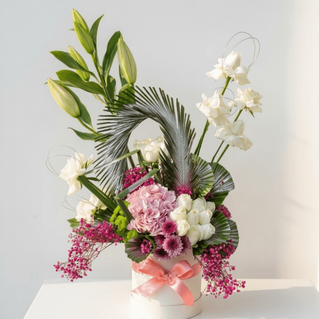 White Lily Bouquet with Pink Hydrangea