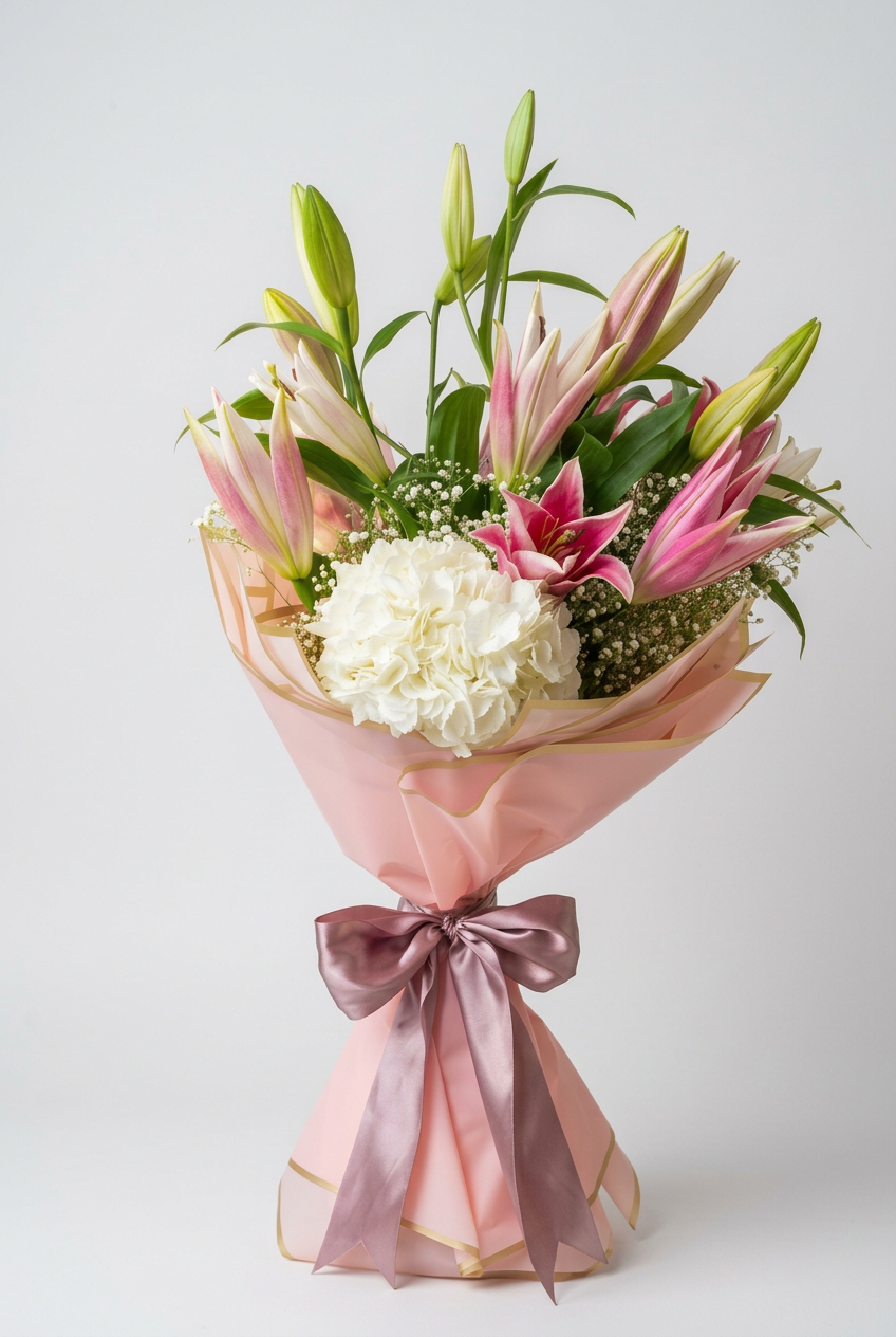 Pink Lily Bouquet with White Hydrangeas