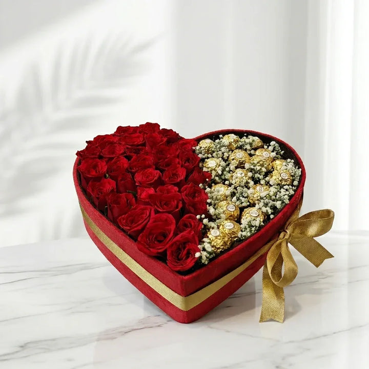 flower bouquet by Atfleurs | floral arrangement | Fancy Bouquet | Hand Bouquet | Chocolate and flowers | red roses | Ferrero 