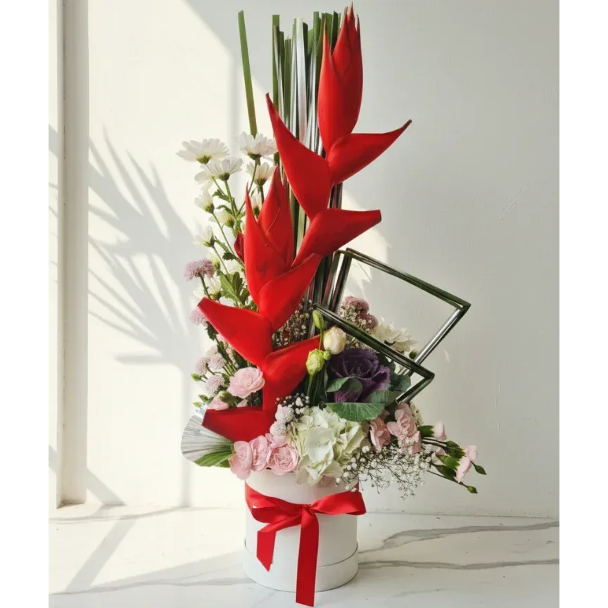 Red Heliconia and Pastel Box - atfleurs