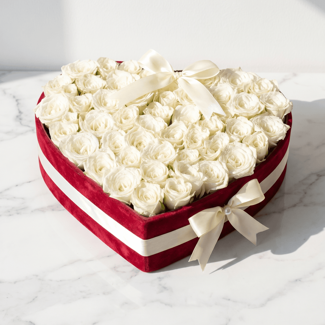 Classic White Roses in Heart Box - atfleurs