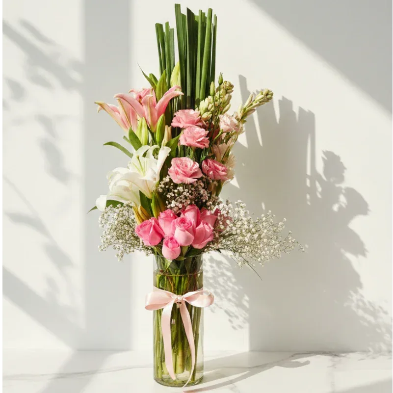 Pink Roses & Lilies Arrangement with Baby’s Breath - atfleurs