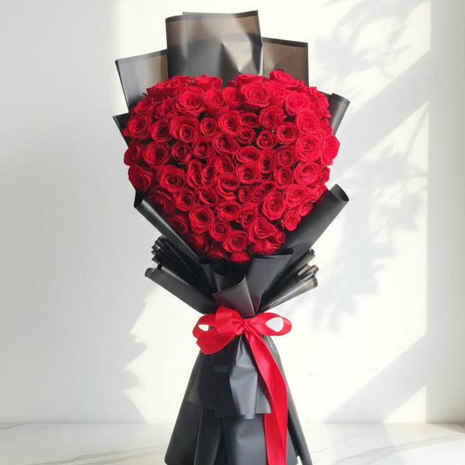 Bouquet of red roses wrapped in black paper with a red ribbon on a white background