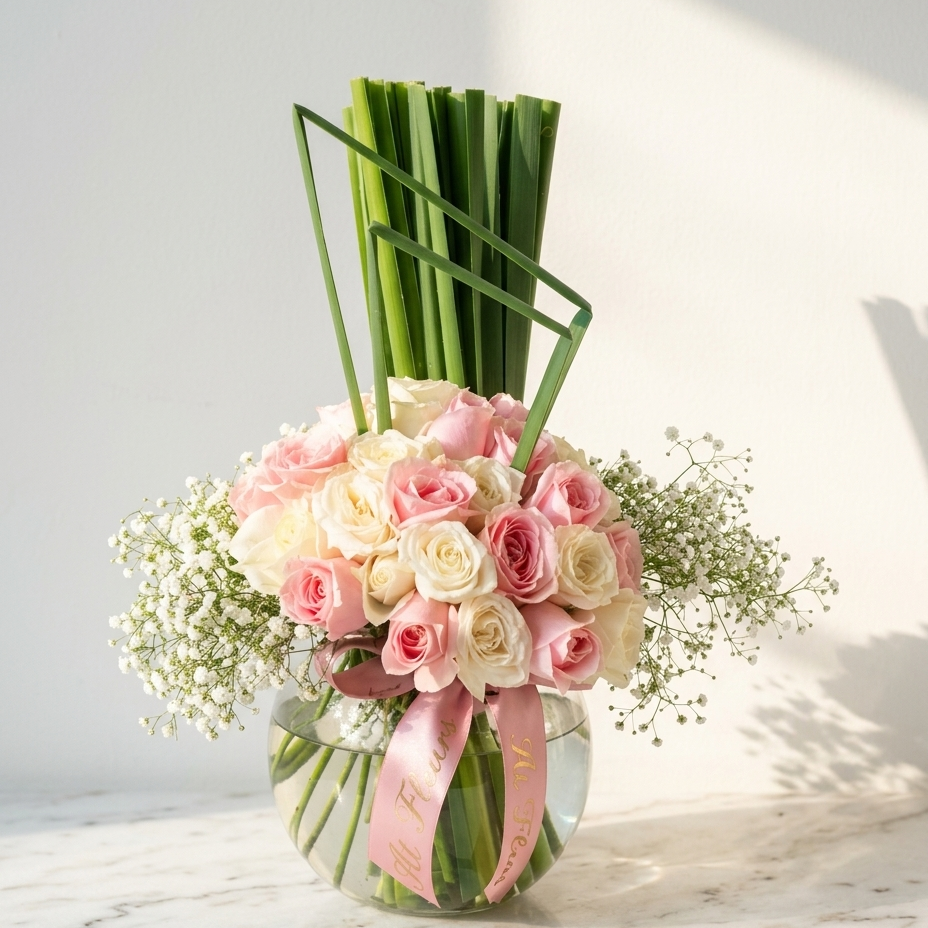 Pink & White Rose Arrangement with Baby’s Breath Vase