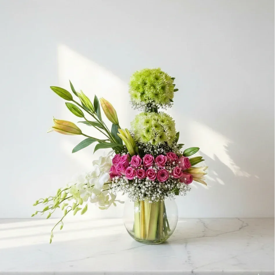 Pink Roses Bouquet with Green Chrysanthemums - atfleurs