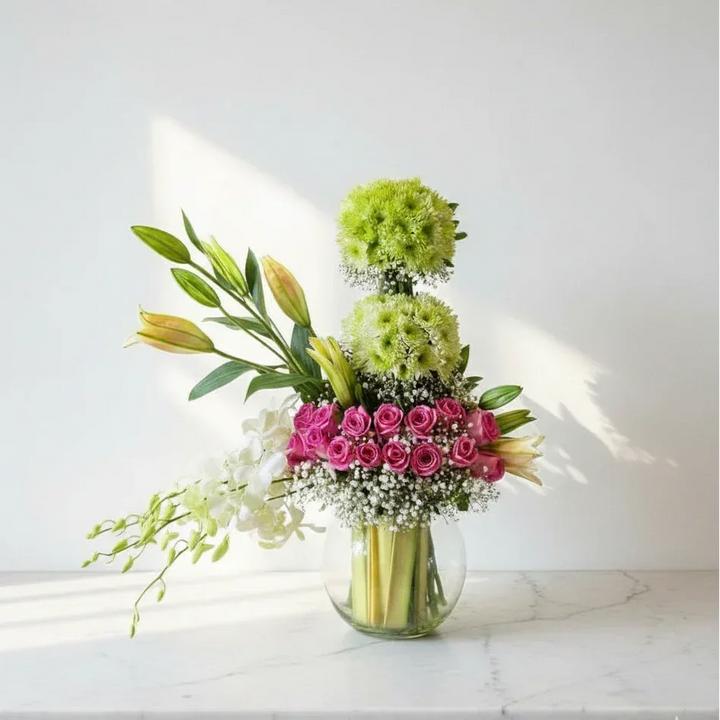 Pink Roses Bouquet with Green Chrysanthemums - atfleurs