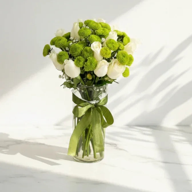 White Roses Bouquet with Green Button Chrysanthemums - atfleurs