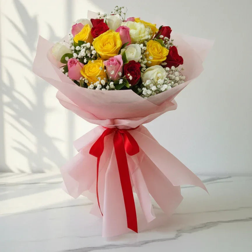 Mixed Roses Bouquet with Baby’s Breath - atfleurs