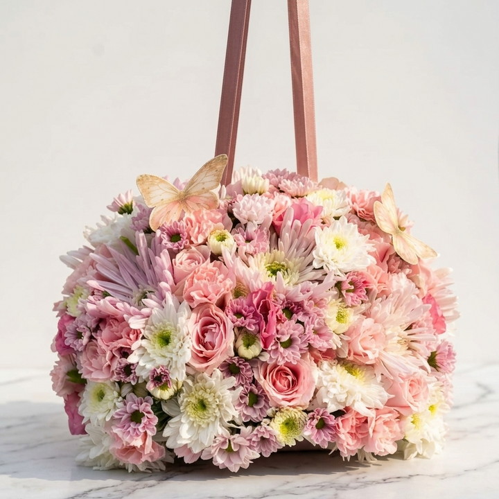 Pastel pink and white flower purse arrangement with ribbon strap and butterfly accent by At Fleurs Bandra Mumbai | Fancy Bouquet