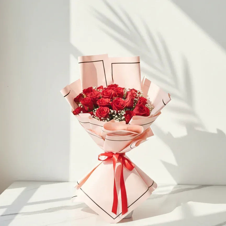 Red Rose Bouquet with White Gypsophila - atfleurs