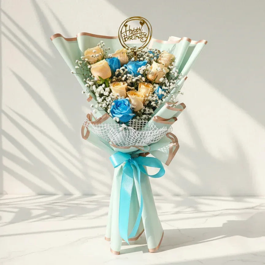 White and Blue Rose Birthday Bouquet with Gypso - atfleurs