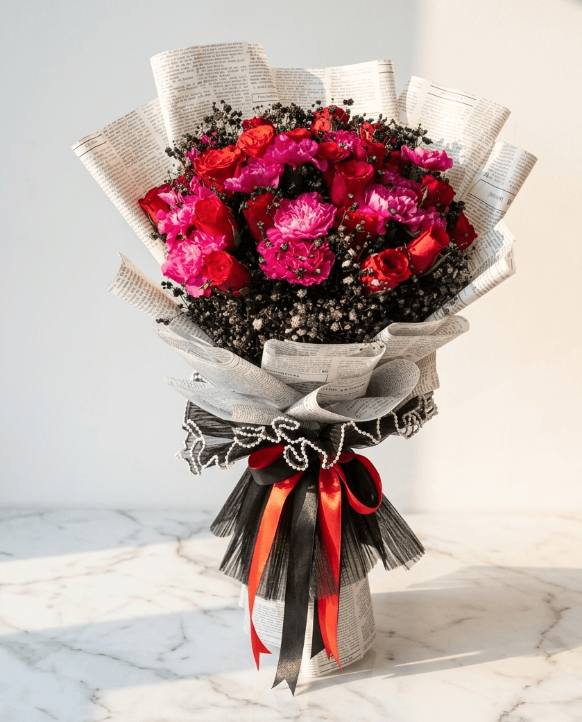 Red Roses Bouquet with Black Baby’s Breath