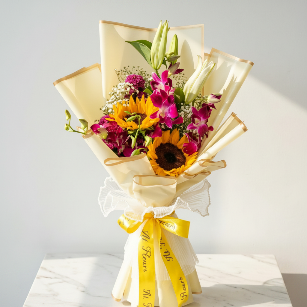 Sunflower Bouquet with Orchids and Lilies