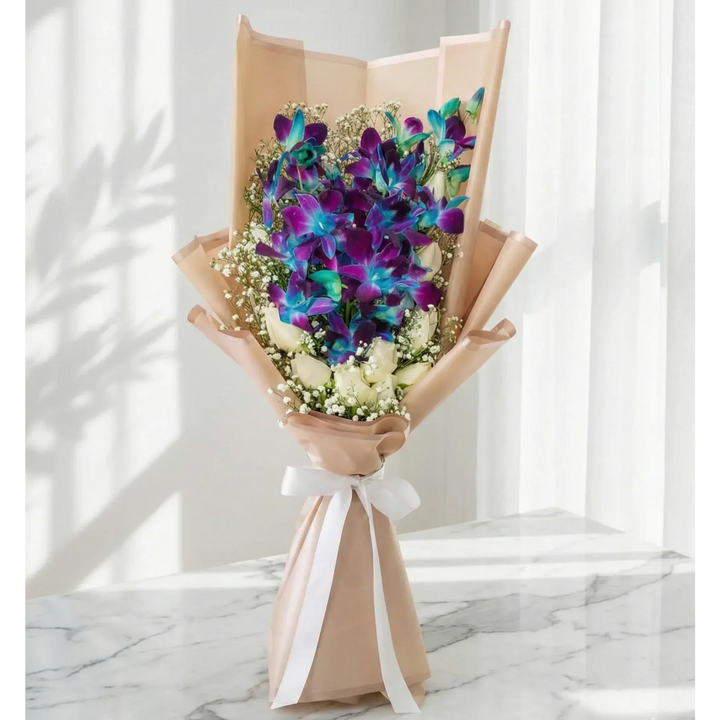 Blue Orchid Bouquet with White Roses - atfleurs