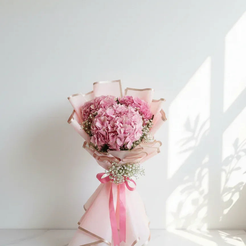 Pink Hydrangea Bouquet with Baby’s Breath - atfleurs