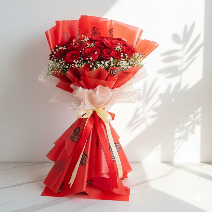 Red Roses Bouquet with Green Leaves