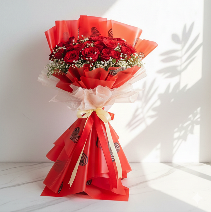 Red Roses Bouquet with Green Leaves