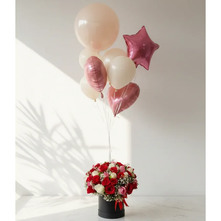 Red and White Rose Box with Balloon Cluster - atfleurs