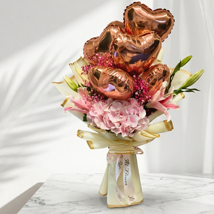 Hydrangea & Lily Balloon Bouquet with Pink Fillers