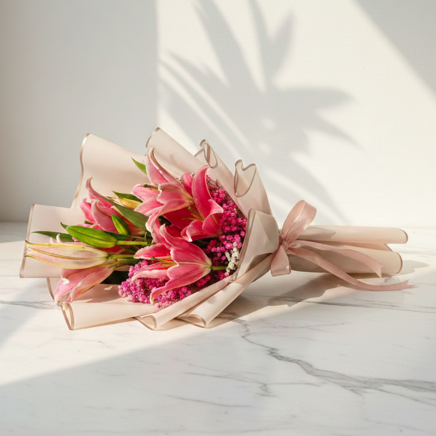 Pink Lilies Bouquet with Baby’s Breath