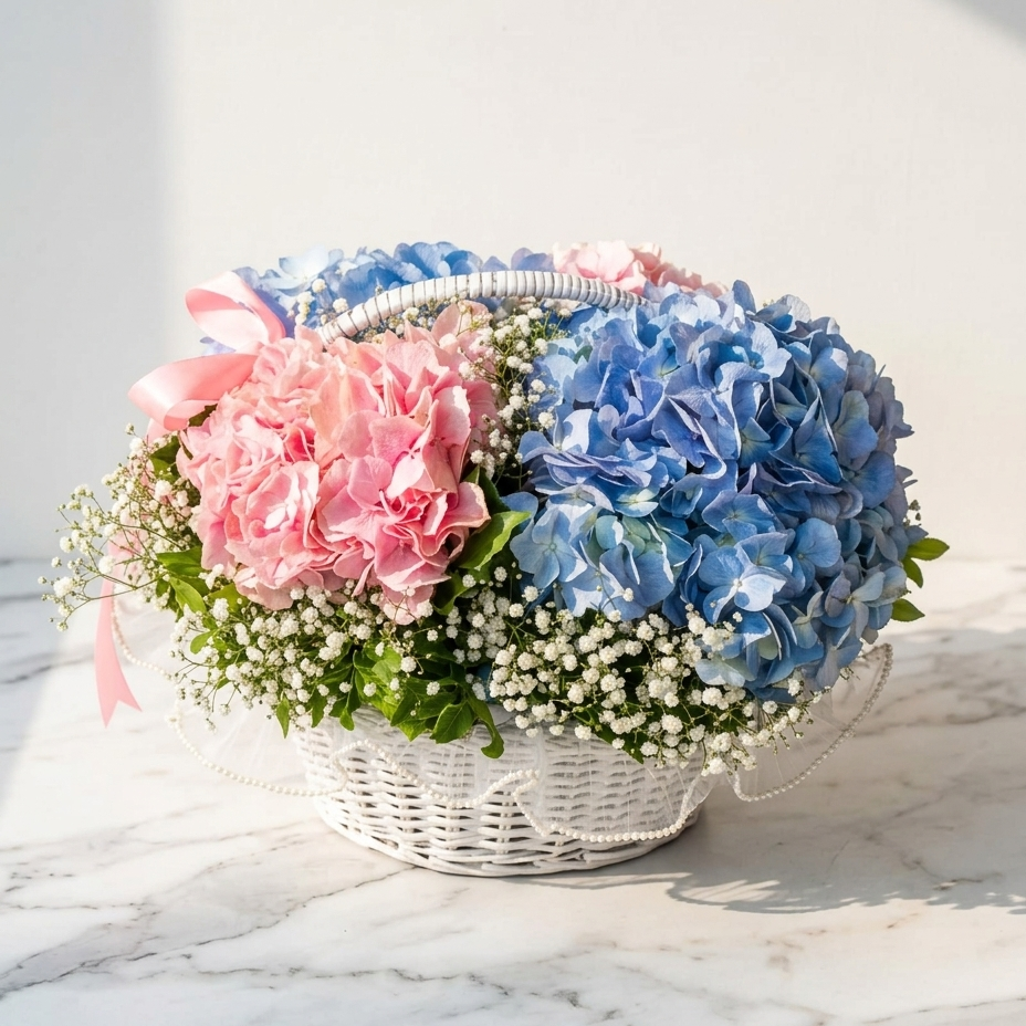 Hydrangea Basket Bouquet with Baby’s Breath