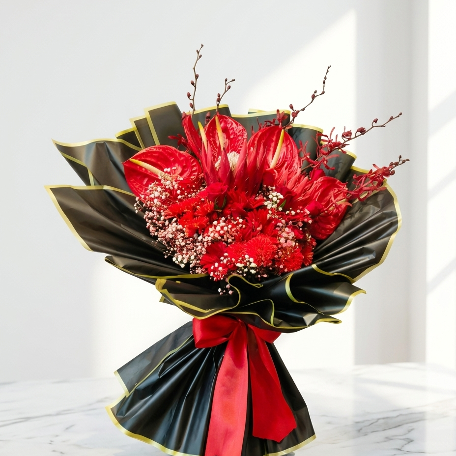 Protea & Anthurium Bouquet with Black Orchids