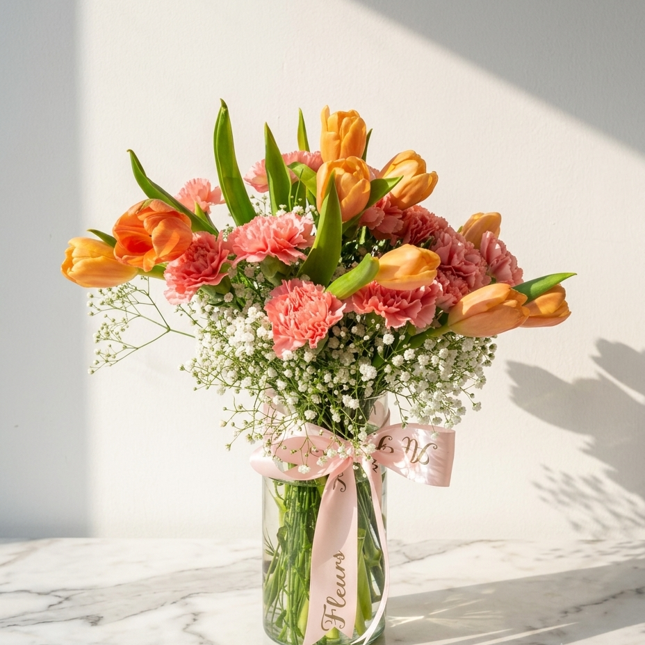 Orange Tulip Bouquet with Pink Carnations