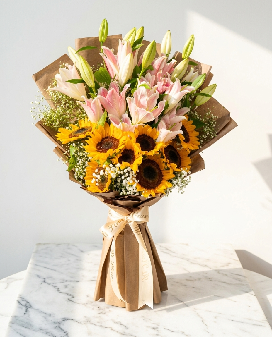 Sunflower & Lily Bouquet with Baby's Breath