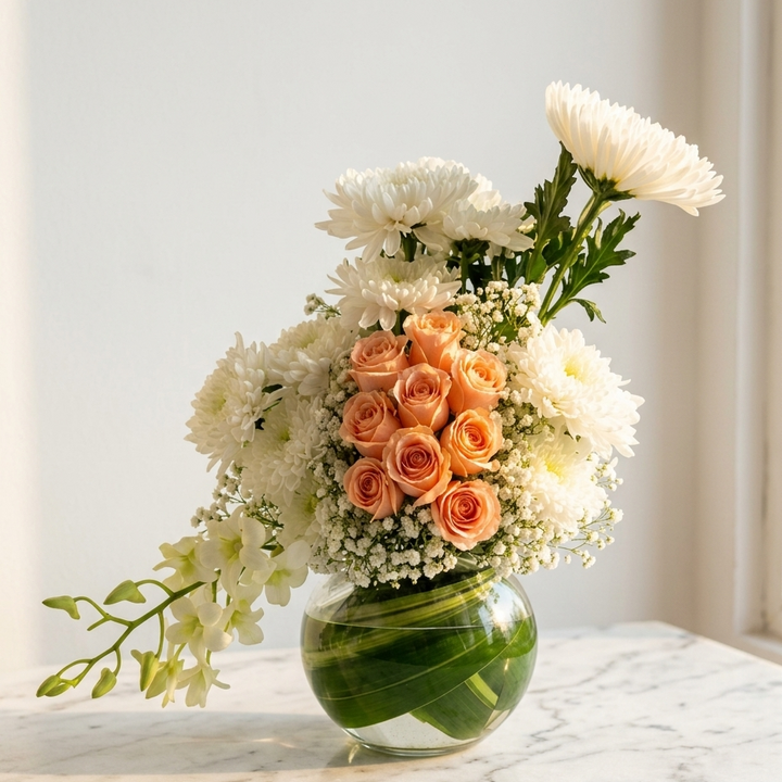 Peach Roses, White Chrysanthemums & Orchids in Bowl