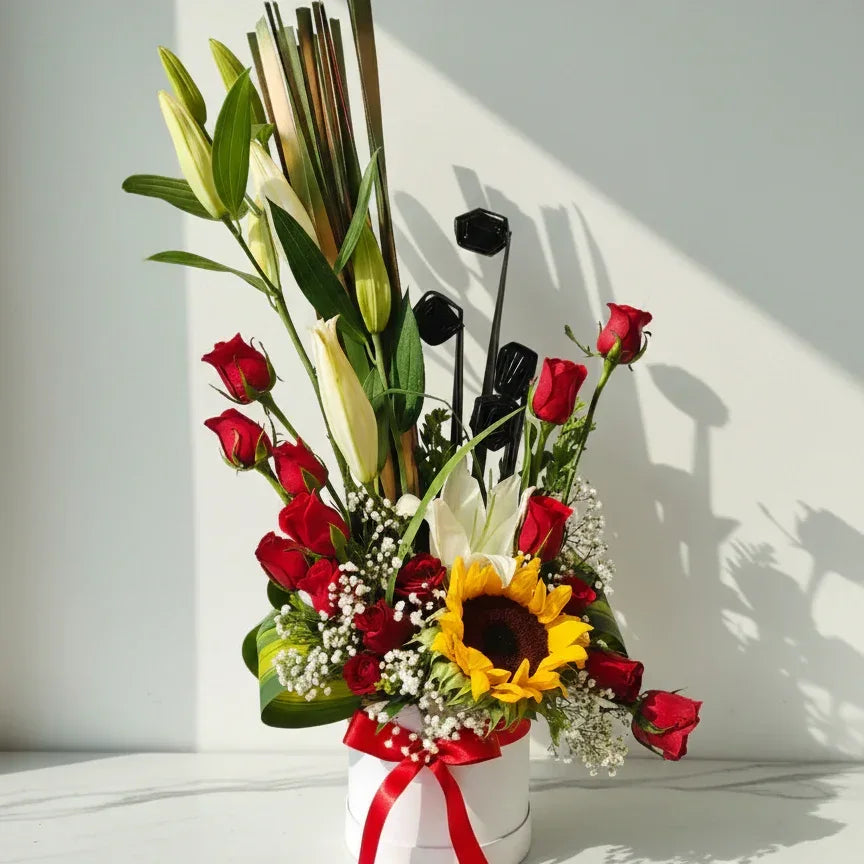 Mixed Roses and Sunflower Bouquet with White Lilies - atfleurs