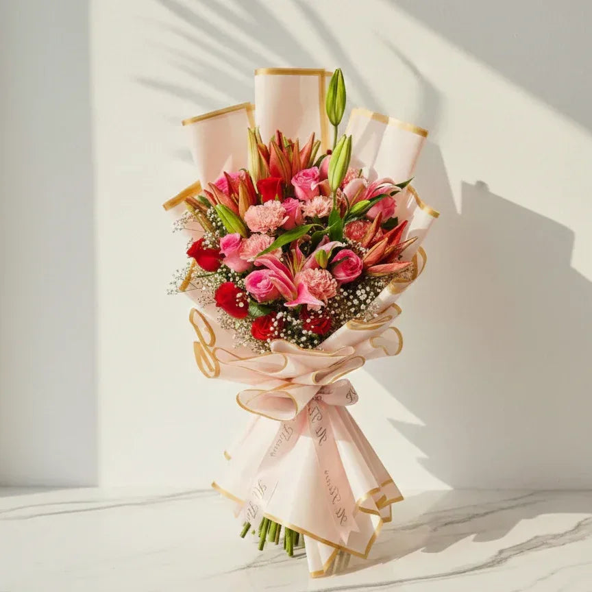 Rose Bouquet with Lilies red flower bouquet. fresh flowers. same-day delivery. mumbai, bandra. fancy bouquets