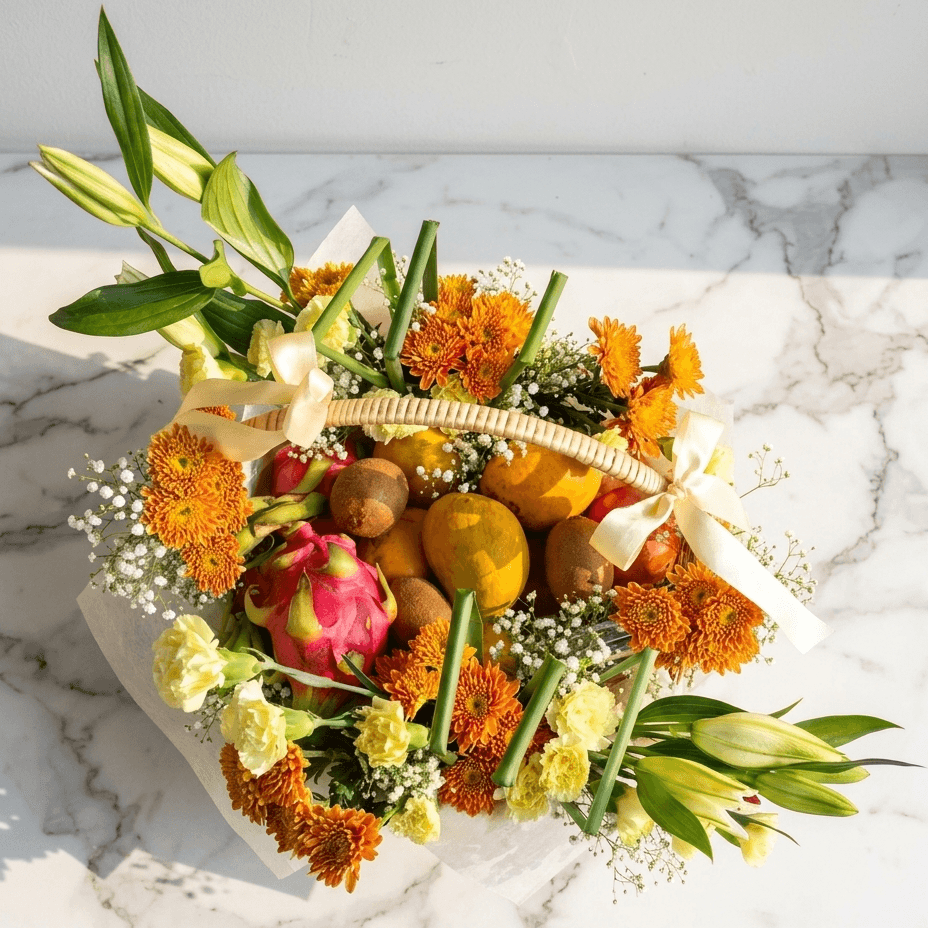 Fruit Basket Arrangement with Lilies and Chrysanthemums