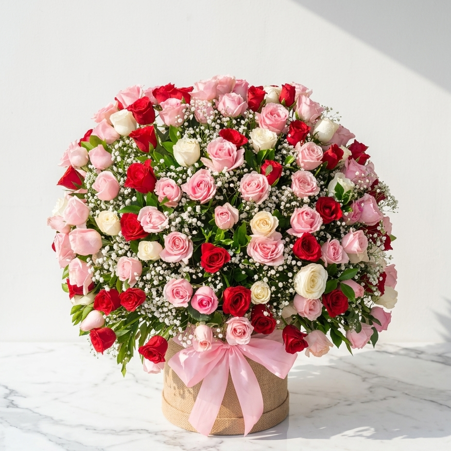 Red, Pink & White Rose Bouquet with Baby’s Breath