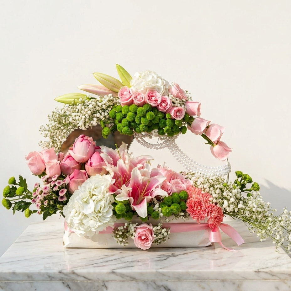 Mirror Bouquet with Pink Roses & Lilies
