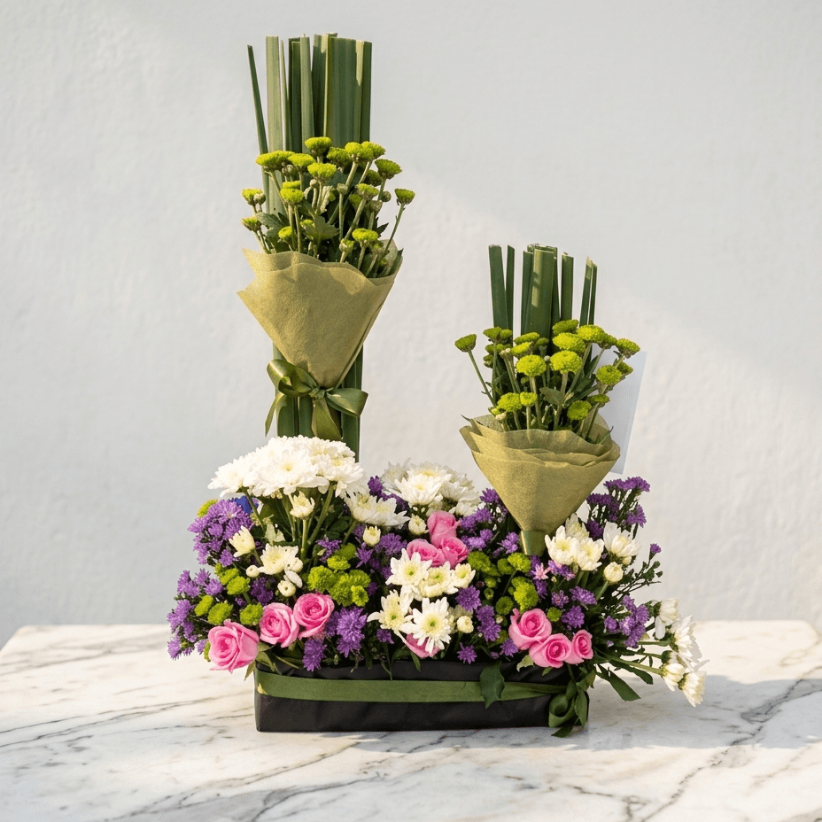 Pink Roses Bouquet with Chrysanthemums