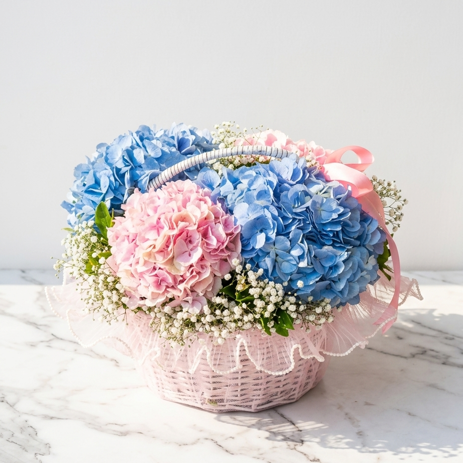 Hydrangea Basket Bouquet with Baby’s Breath
