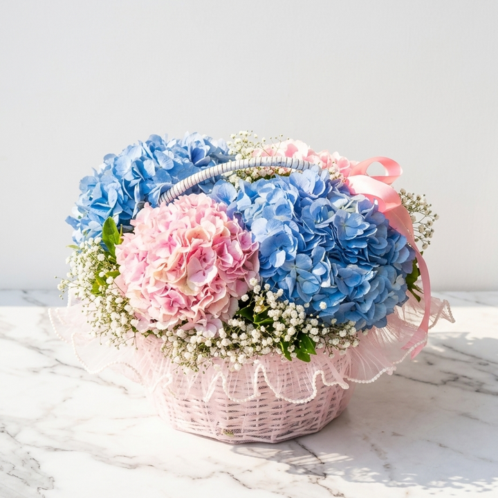 Hydrangea Basket Bouquet with Baby’s Breath