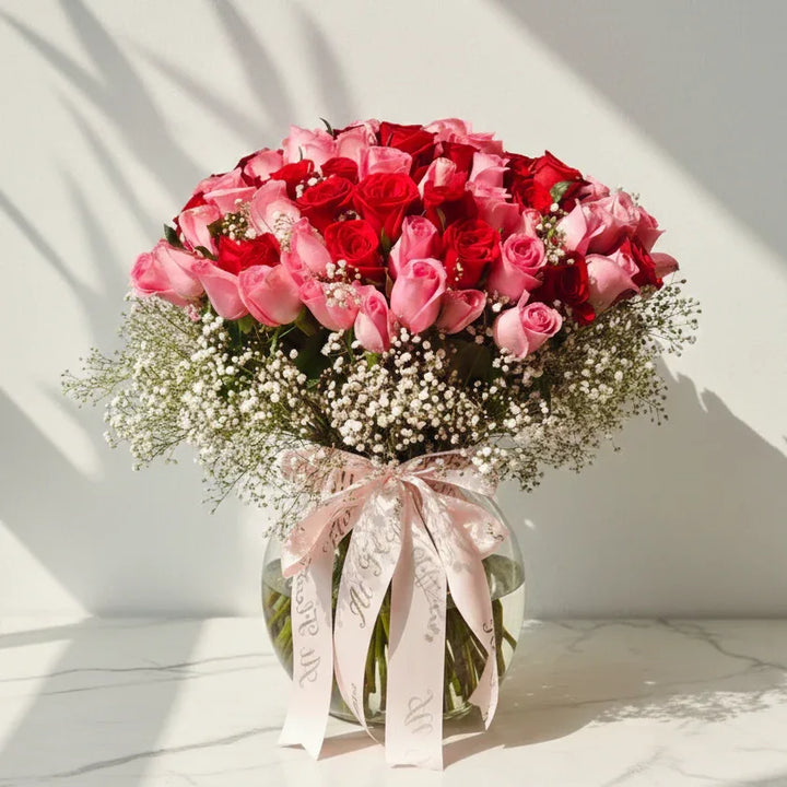 100 Red & Pink Roses Bouquet with Baby’s Breath - atfleurs