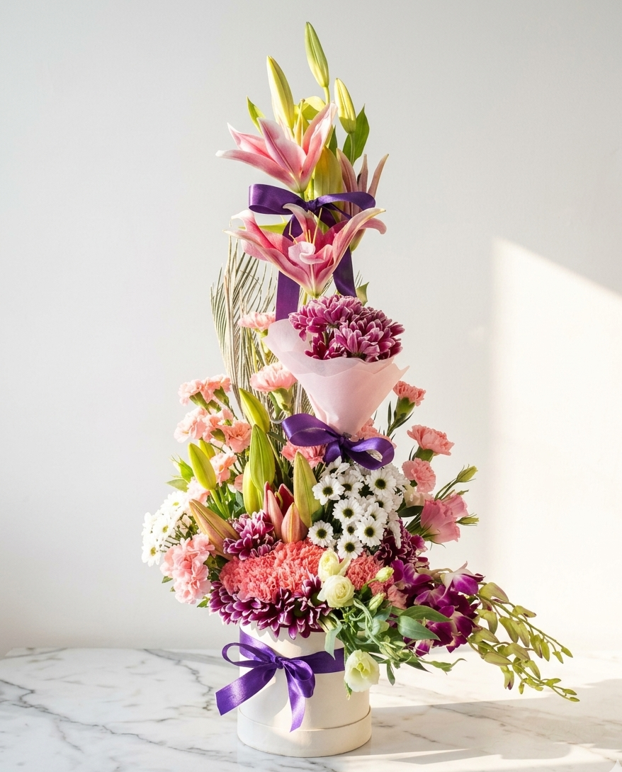 Pink Lily Bouquet with Chrysanthemums