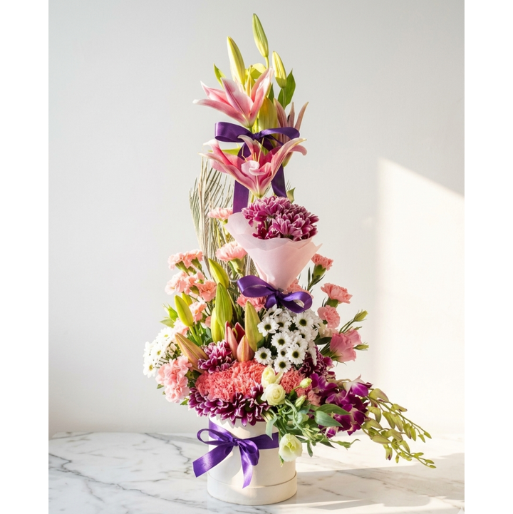 Pink Lily Bouquet with Chrysanthemums