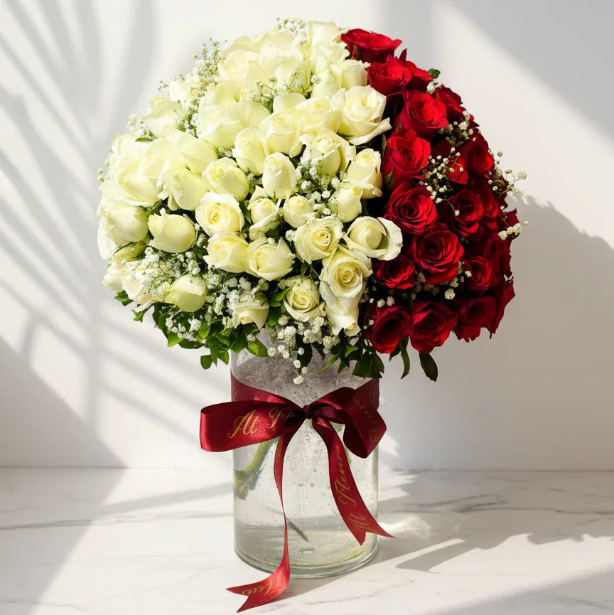 White and Red Roses Vase Arrangement - atfleurs
