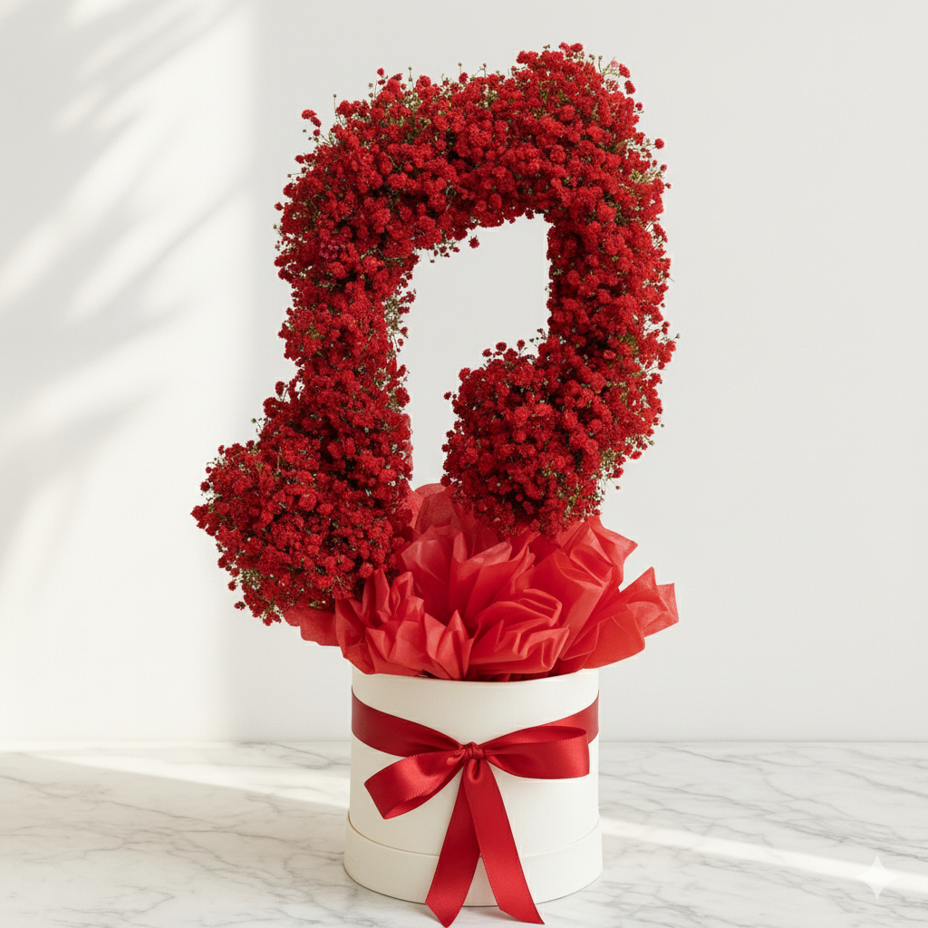 Floral arrangement shaped like a musical note with red flowers and a white base on a light background