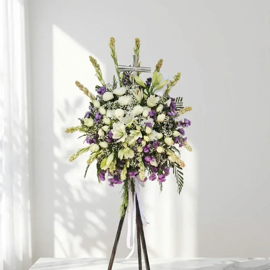 White and Purple Sympathy Flowers - atfleurs